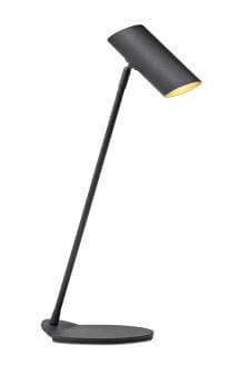 Produit de face sur fond blanc, lampe de bureau noire inclinée vers le bas