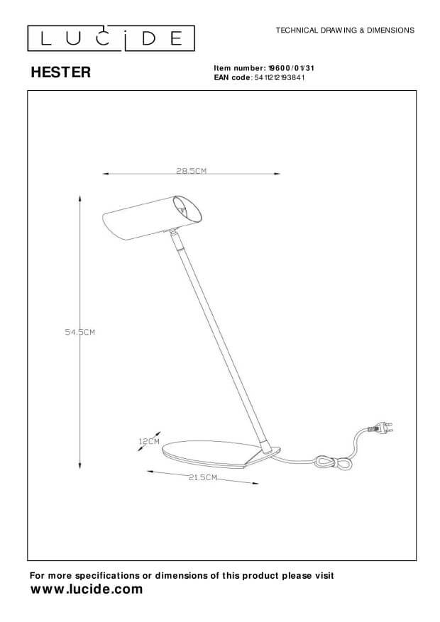 Schéma technique coté de la lampe, avec hauteur et largeur en centimètres.