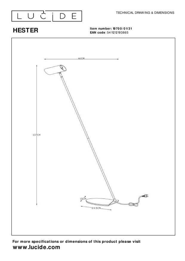 Schéma technique coté du lampadaire blanc, hauteur 137 cm et base 24,5 cm