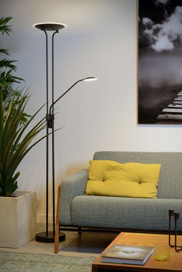 Vue rapprochée du lampadaire noir devant un canapé gris et une plante.