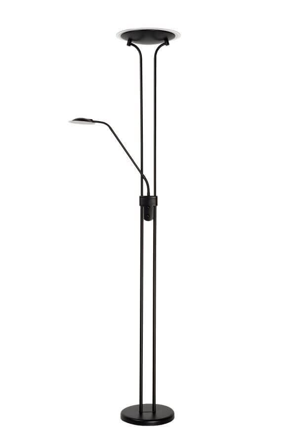 Luminaire noir présenté de face sur fond blanc, bras orientable visible.