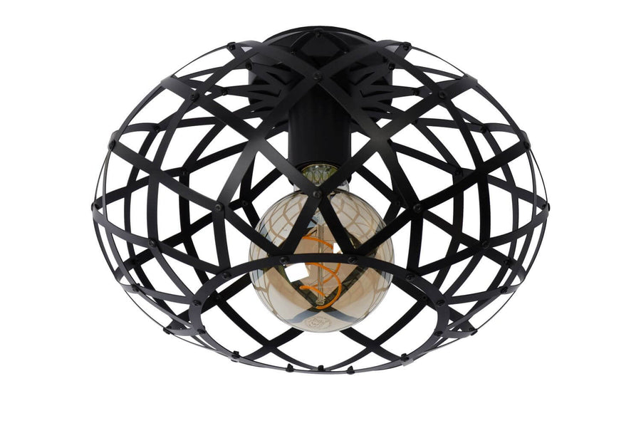 Autre angle du luminaire, mettant en valeur l'ampoule filament et la cage ajourée.