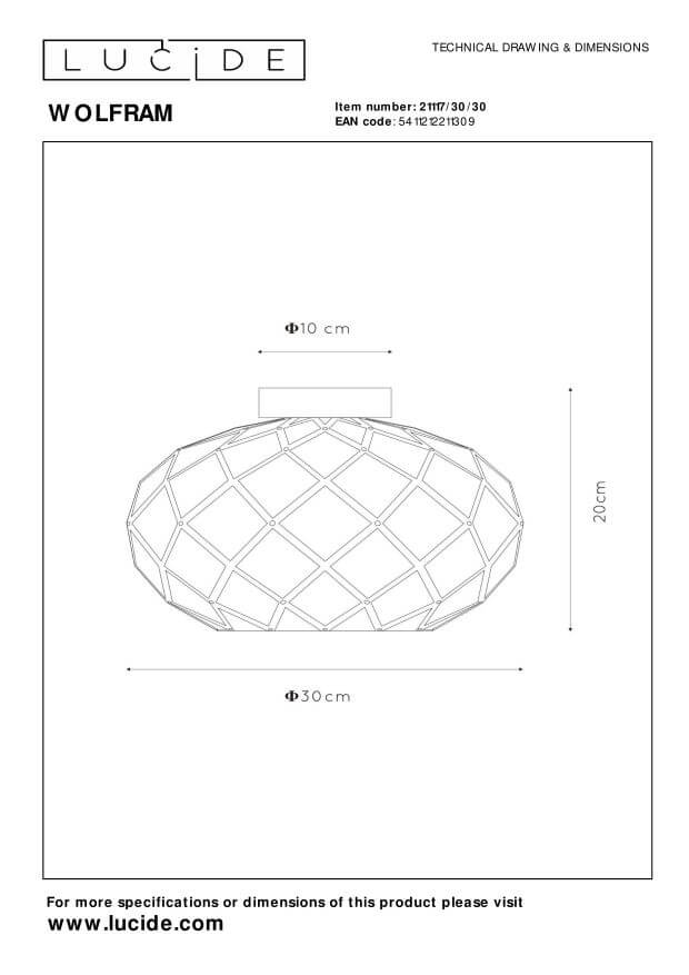 Schéma technique coté du plafonnier avec dimensions et référence produit.