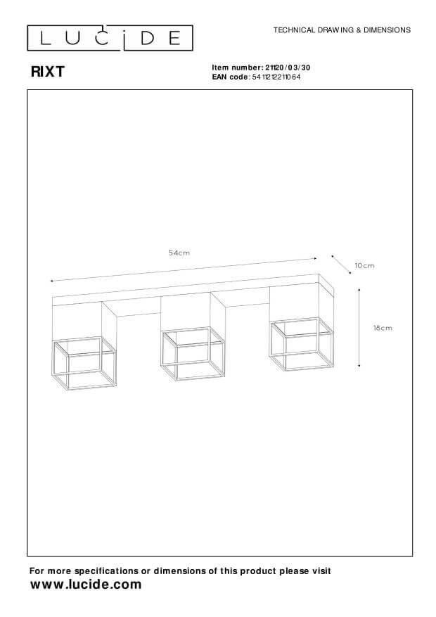 Dessin technique avec dimensions du luminaire, largeur 54 cm, hauteur 18 cm, profondeur 10 cm.