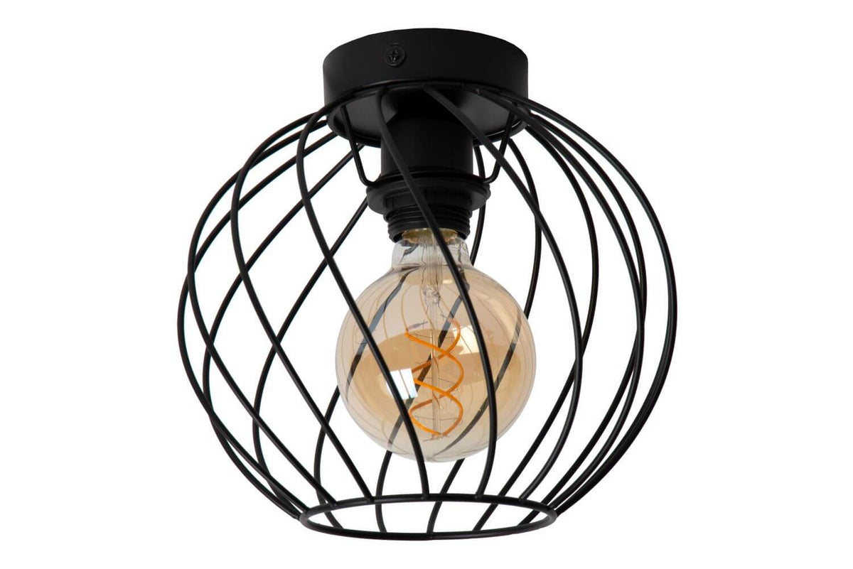 Autre vue du plafonnier noir montrant la cage sphérique et l'ampoule allumée
