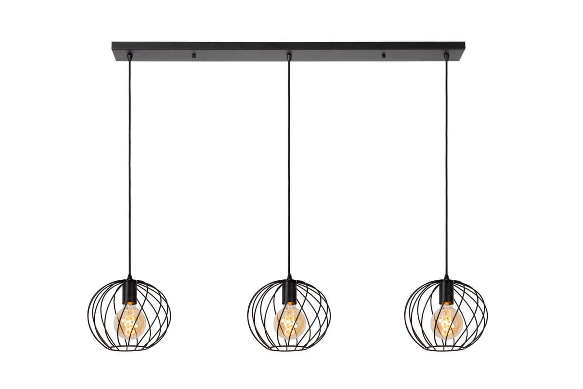 Vue de face du luminaire trois lumières avec ses ampoules à filament allumées