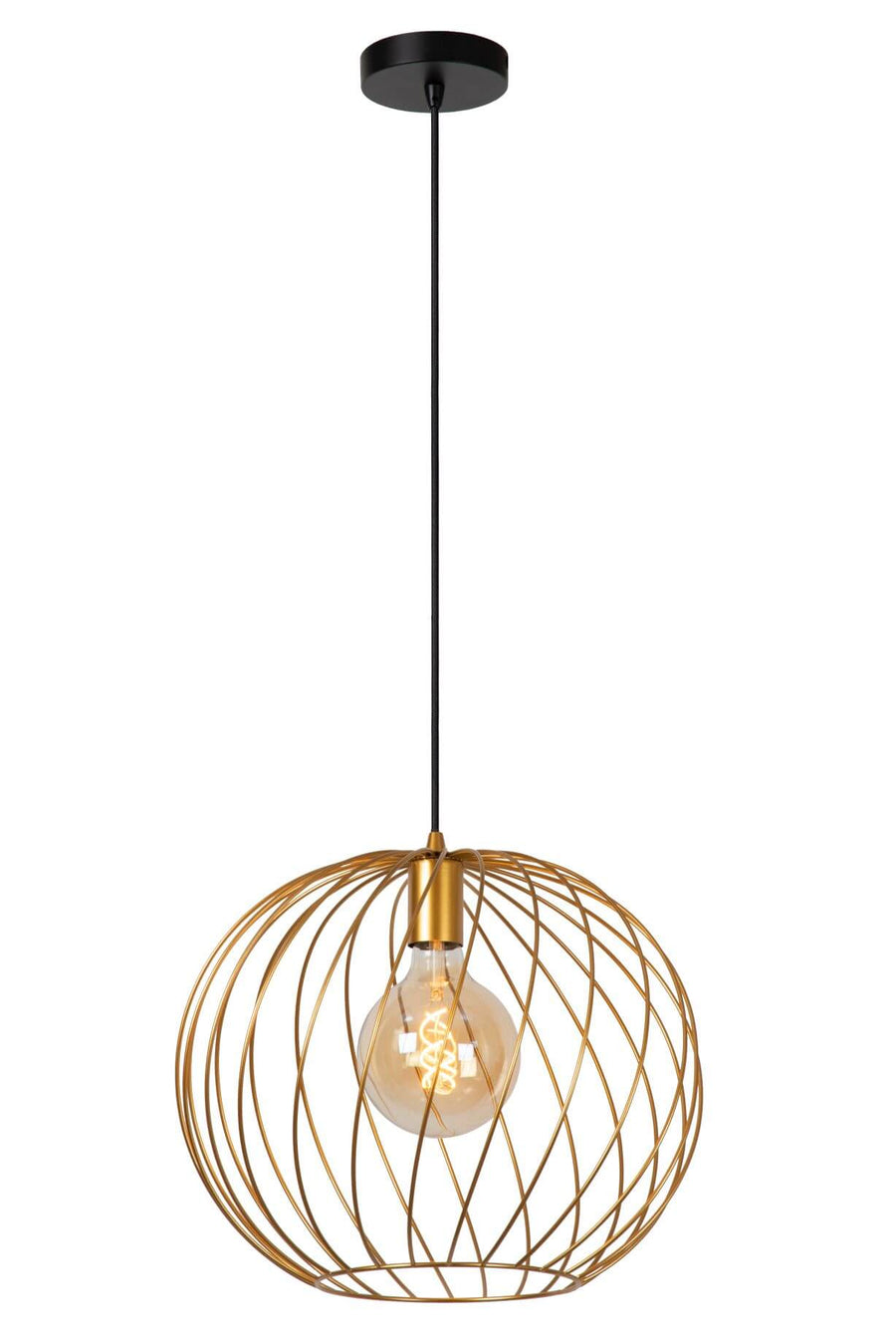 Vue d'ensemble du luminaire suspendu, câble textile noir et cage dorée