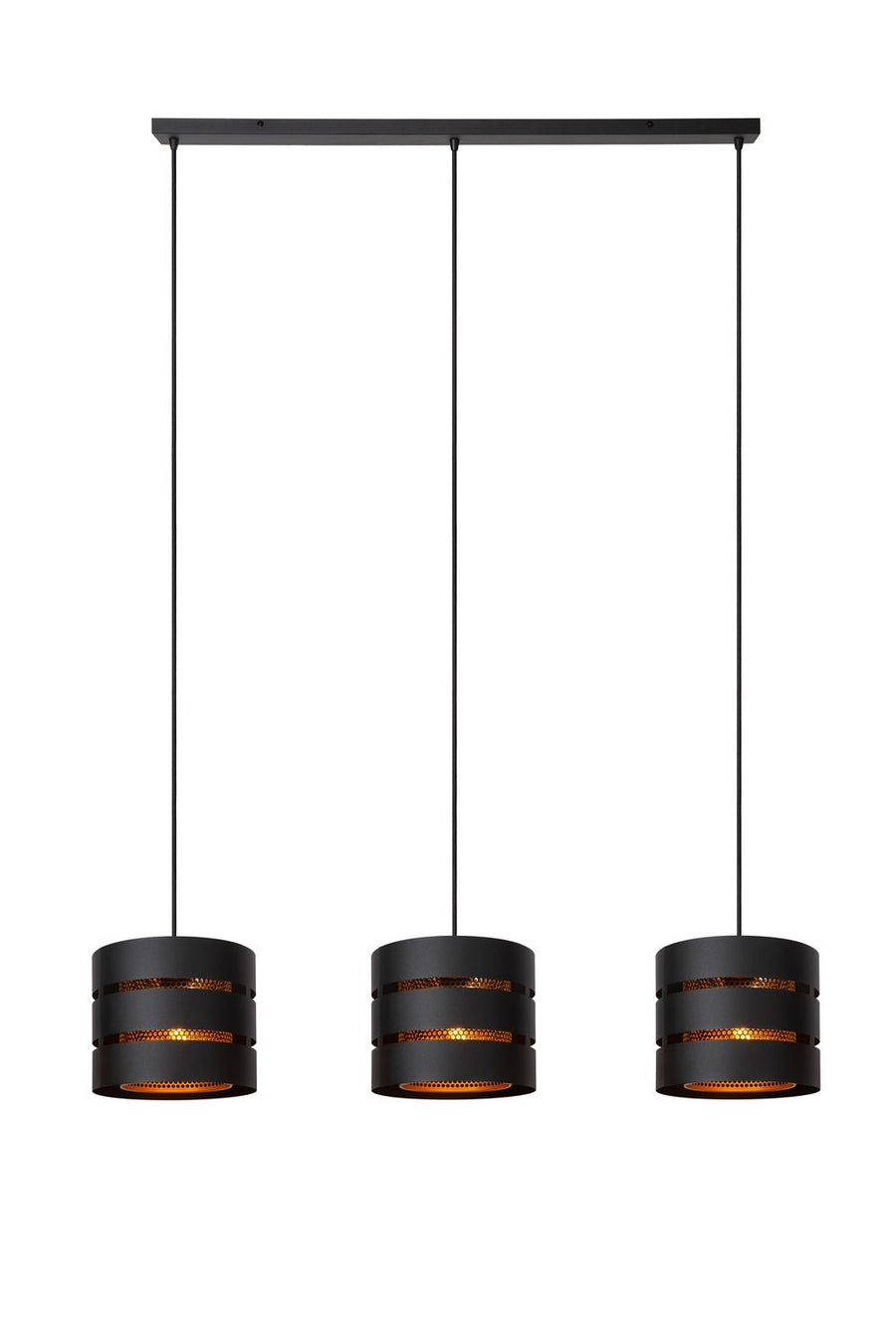 Vue d'ensemble de la suspension noire à trois abat-jours cylindriques.