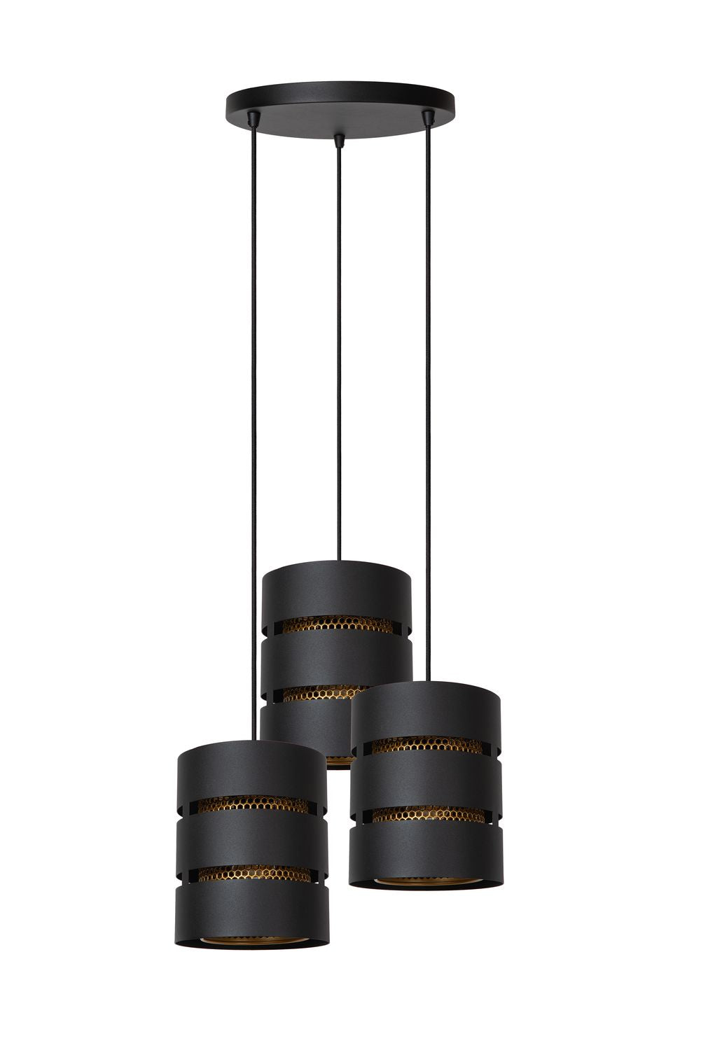 Suspension complète vue de face, trois cylindres noirs à intérieur doré perforé.