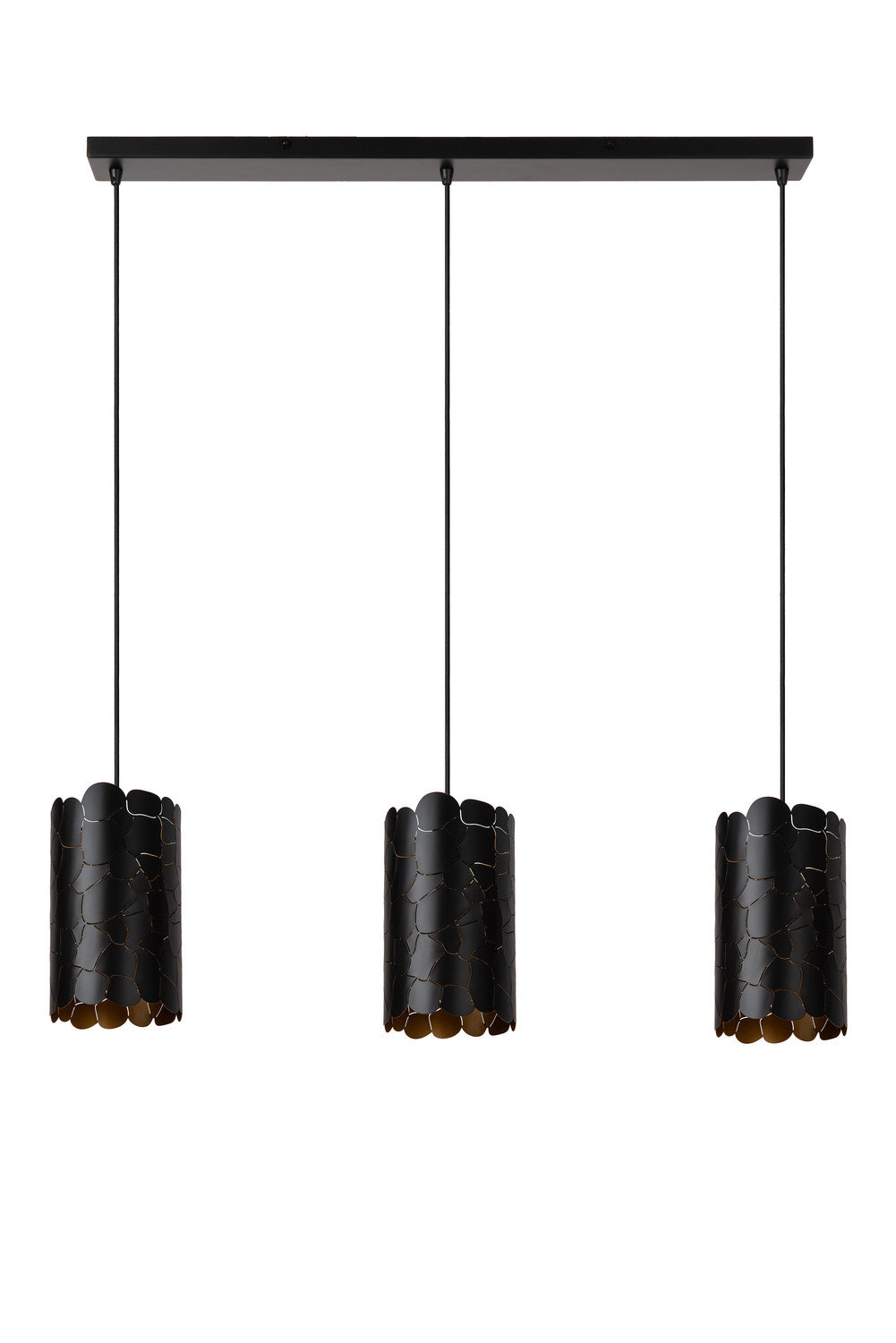 Vue de face des trois suspensions cylindriques noires éteintes, câbles visibles, fond blanc.