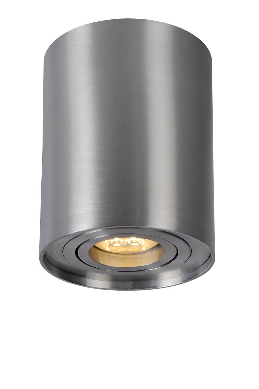 Produit de face sur fond blanc, montrant le cylindre brossé et la bague LED