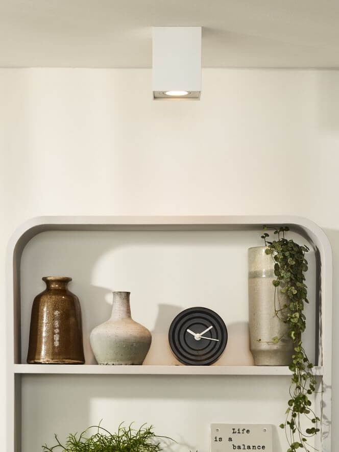 Vue rapprochée du plafonnier blanc fixé au plafond, au-dessus d’une étagère décorée de céramiques.