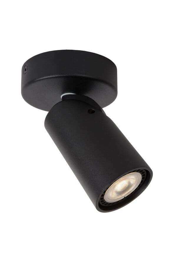 Détail du spot noir mat incliné, douille, lentille LED et embase ronde visibles