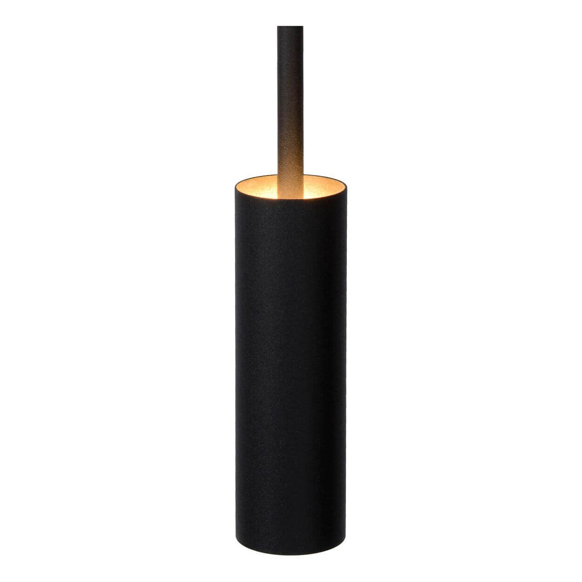 Détail de la sortie de lumière dorée au bas du tube noir.
