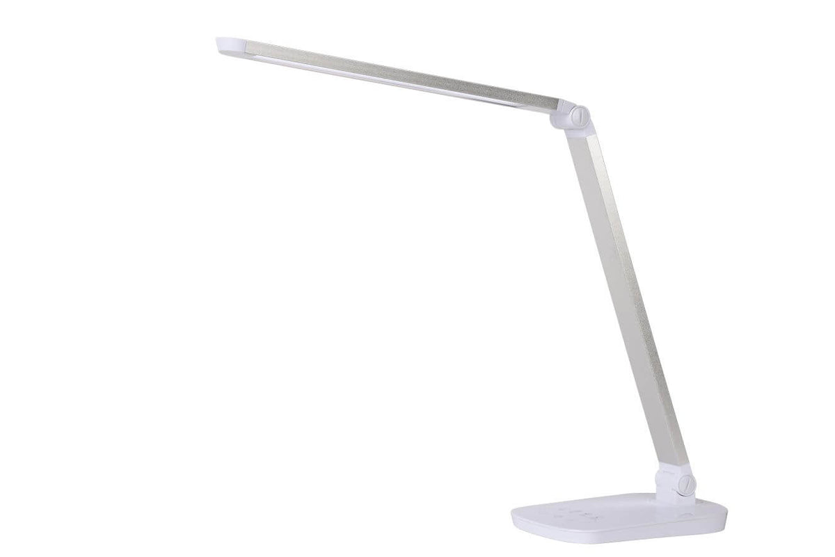 Lampe de bureau blanche de profil sur fond blanc, bras articulé replié