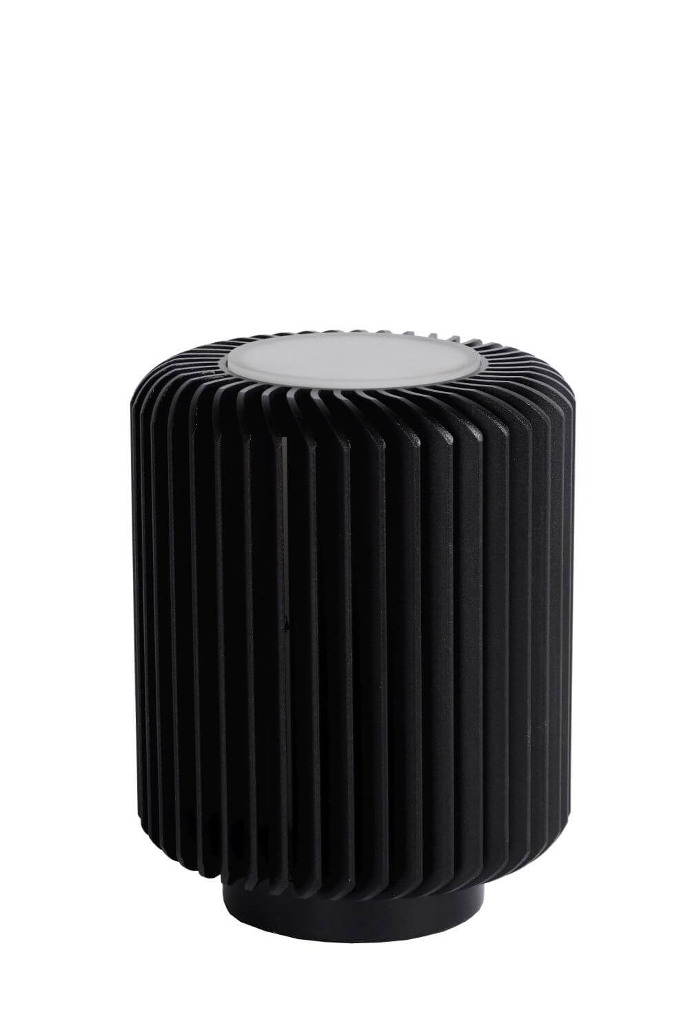 Luminaire noir éteint vu de face, stries verticales et diffuseur blanc sur le dessus.