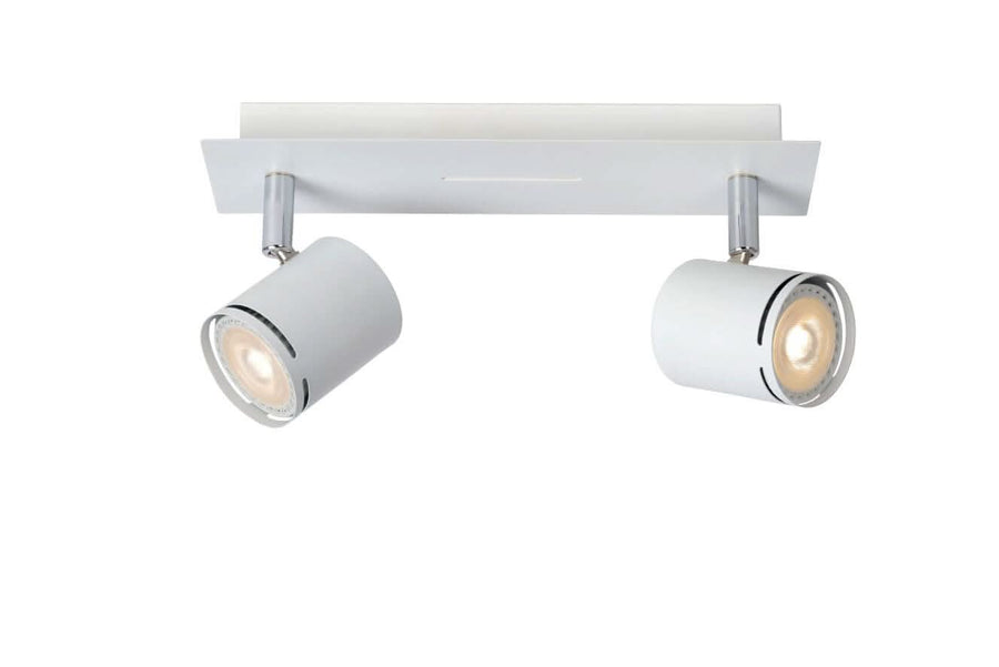 Vue de face du luminaire avec deux projecteurs cylindriques blancs et finitions chromées.