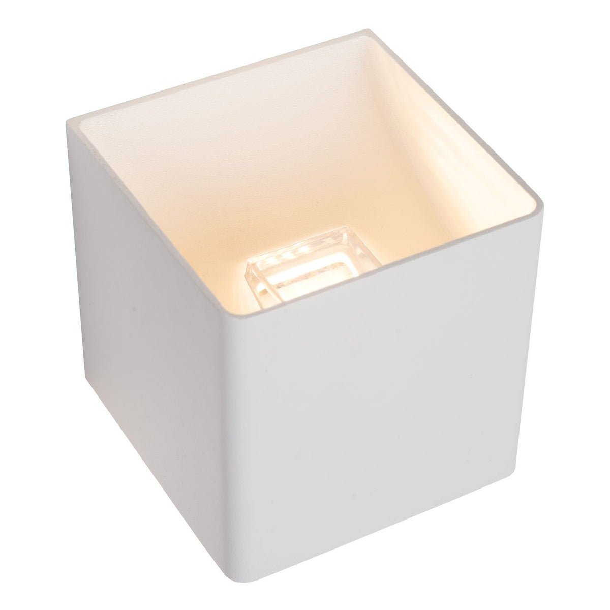 Détail de l'intérieur du luminaire blanc, montrant le module LED et la finition mate.