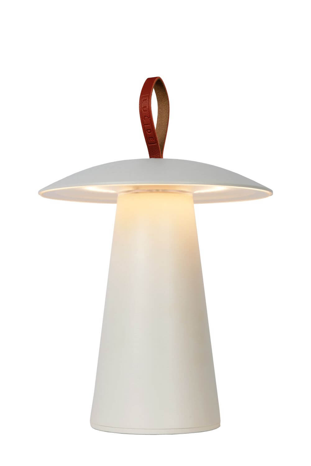 Vue de trois quarts sur fond blanc, calotte plate et pied conique de la lampe.