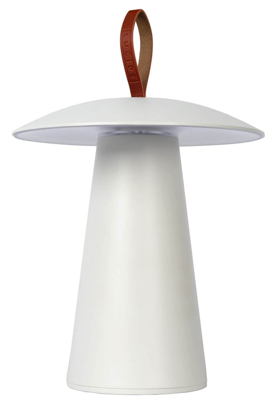 Profil de la lampe blanche sur fond blanc, avec lumière chaude sortant sous l'abat-jour circulaire.