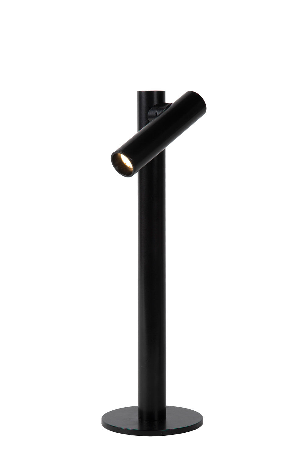Vue de face du luminaire noir sur socle rond, tête inclinée vers le bas