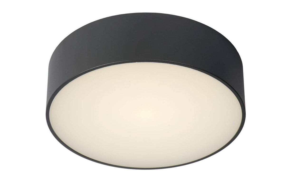 Produit seul sur fond blanc, plafonnier rond anthracite avec diffuseur blanc allumé.