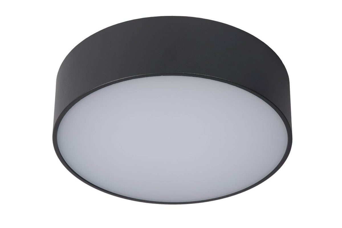 Vue de face du plafonnier cylindrique noir, diffuseur opalin éteint sur fond blanc.