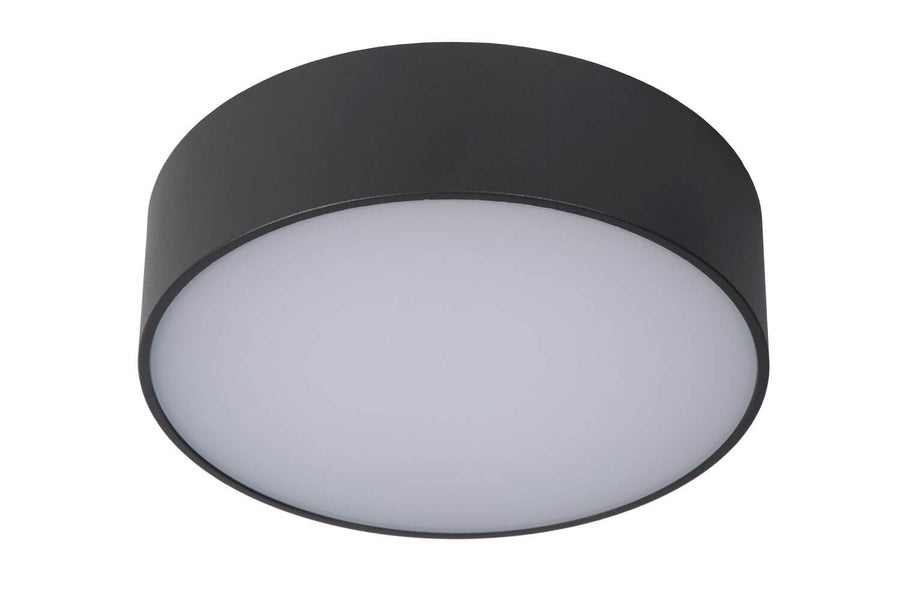 Vue de face du plafonnier cylindrique noir, diffuseur opalin éteint sur fond blanc.