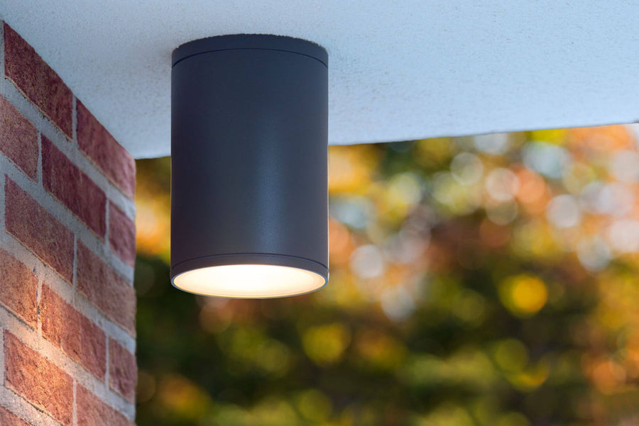 Vue rapprochée du luminaire anthracite en fonctionnement, avec mur de briques et feuillage flou.
