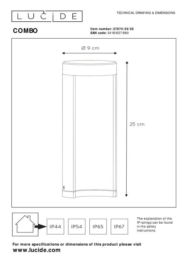 Schéma technique coté du luminaire : diamètre 9 cm et hauteur 25 cm.