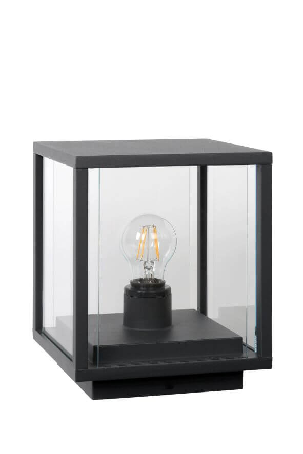 Vue de face du luminaire anthracite à panneaux de verre et ampoule à filament éteinte.