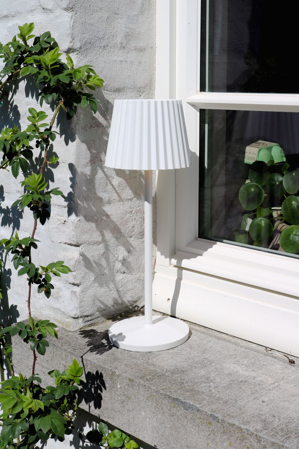 Vue rapprochée de la lampe dehors, ombres du feuillage projetées sur la façade claire