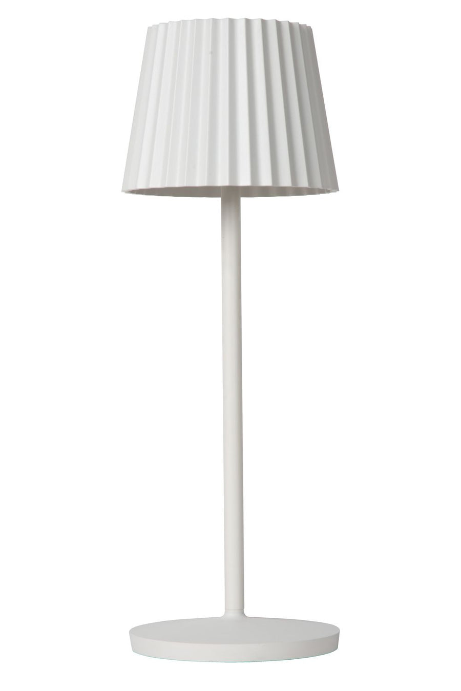 Vue de trois quarts de la lampe blanche, pied rond et tige fine sur fond neutre