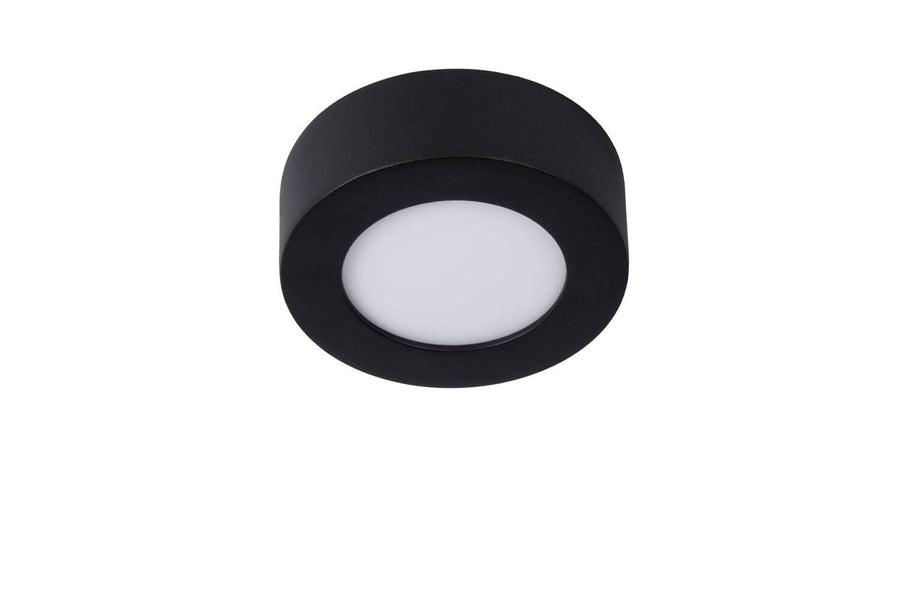Vue de face sur fond blanc du plafonnier noir éteint avec diffuseur blanc circulaire.