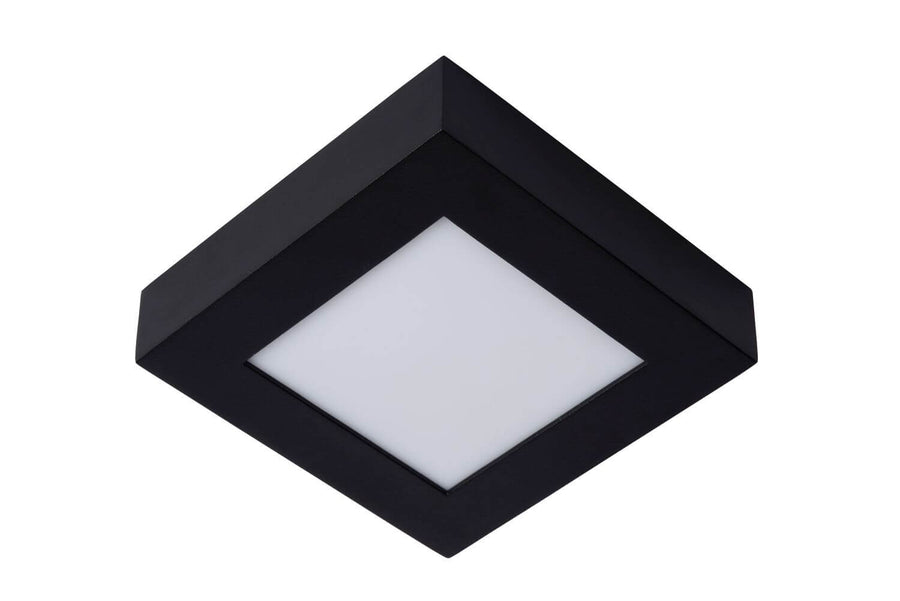 Produit de face sur fond blanc, plafonnier carré noir éteint avec diffuseur opale.