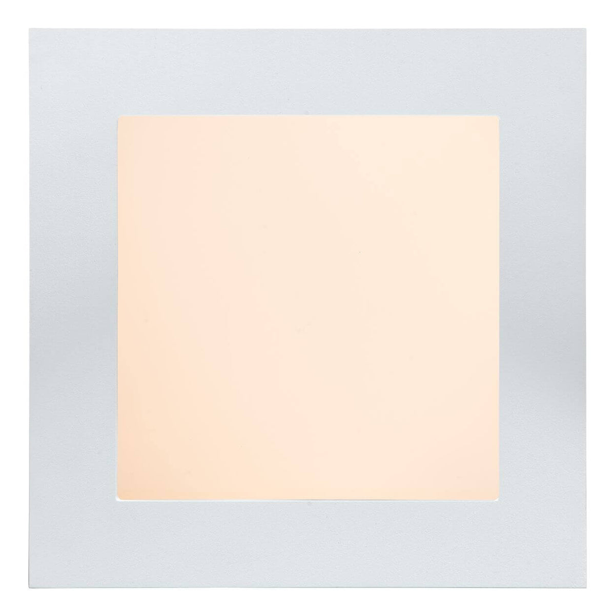 Vue de face du plafonnier carré blanc avec diffuseur central éclairé