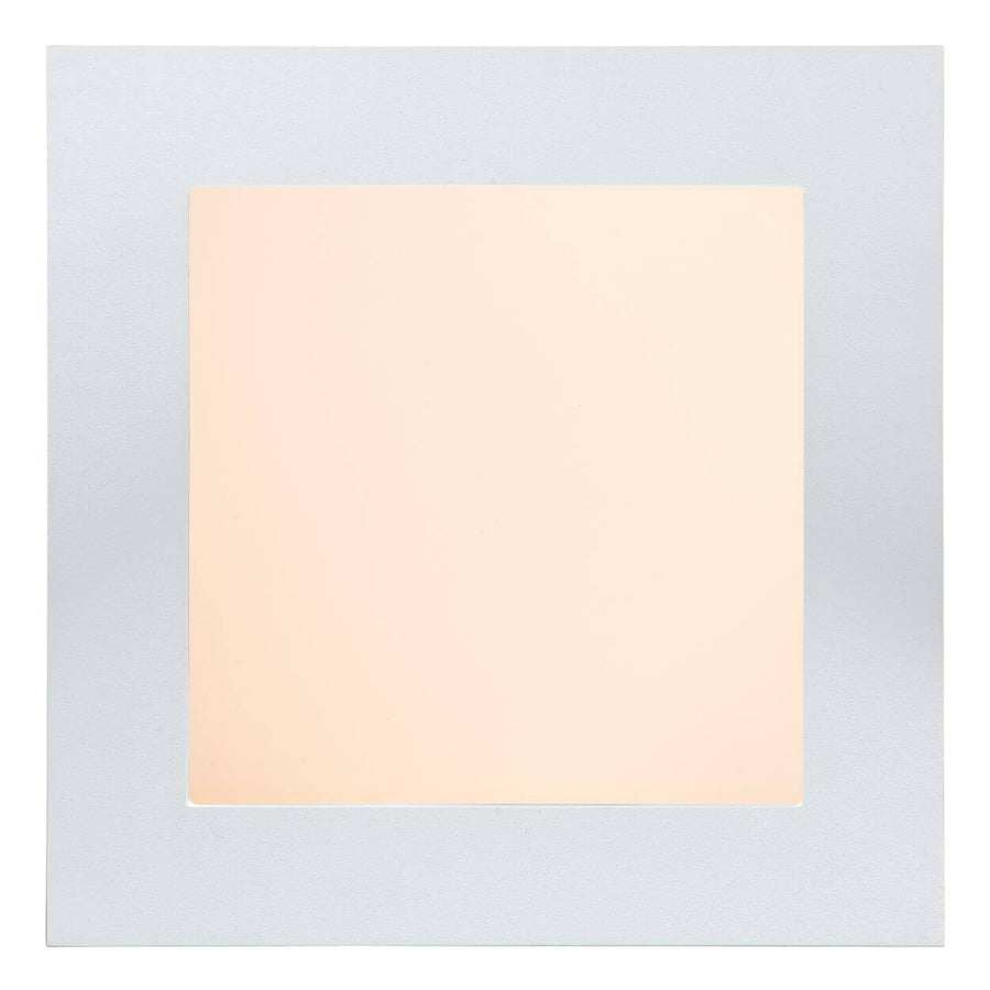Vue de face du plafonnier carré blanc avec diffuseur central éclairé