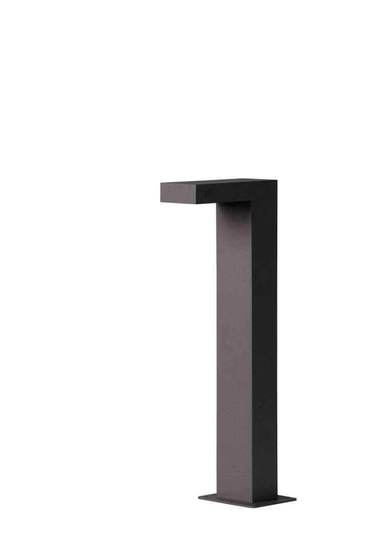 Vue de profil sur fond blanc du luminaire noir en forme de L inversé.