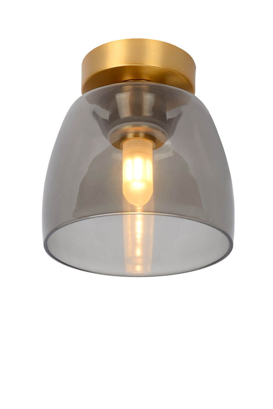 Produit sur fond blanc, plafonnier doré et verre fumé avec ampoule allumée visible.