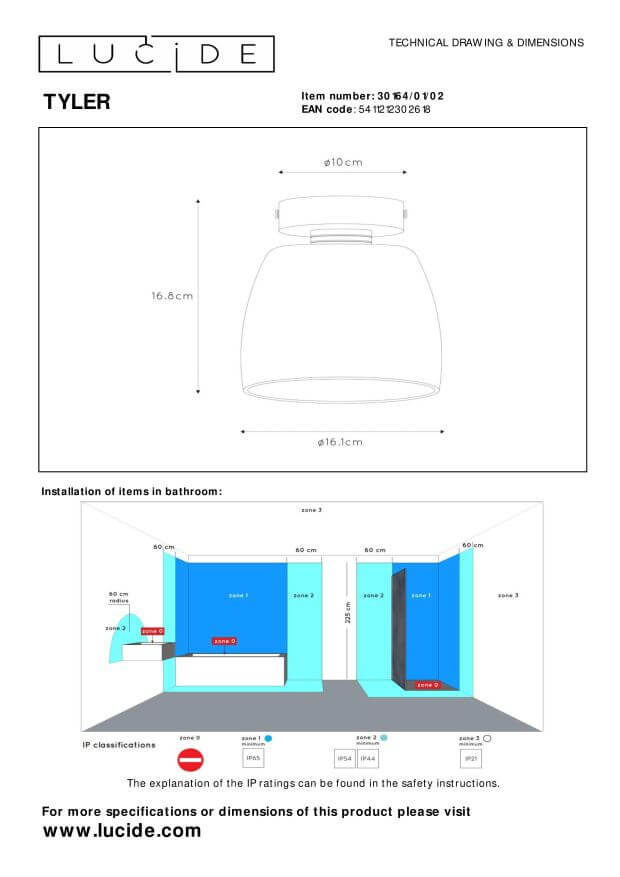 Schéma technique coté avec dimensions du plafonnier et zones d'installation en salle de bain.