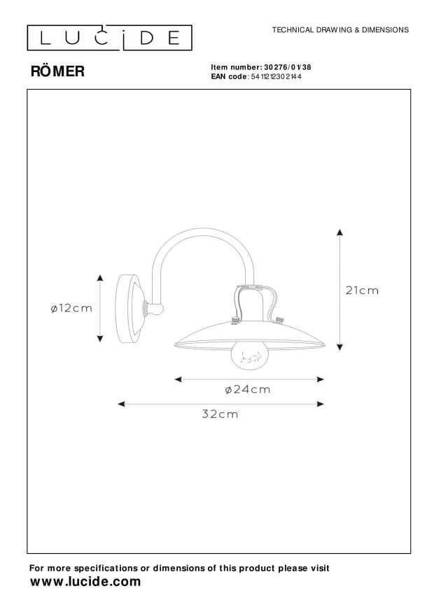 Schéma technique coté du luminaire mural avec dimensions et référence produit
