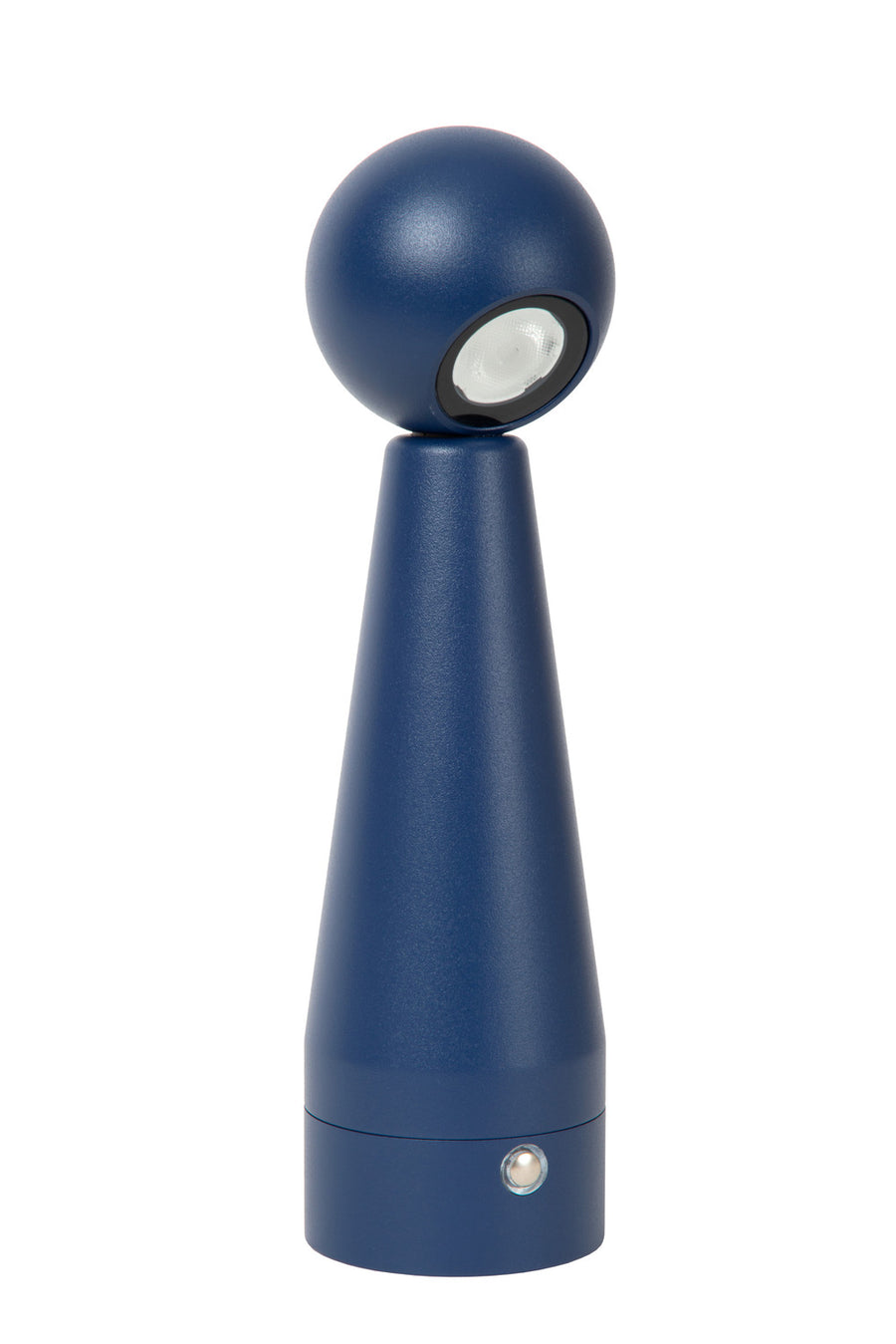 Lampe bleue éteinte sur fond blanc, montrant la sphère et le cône mats.