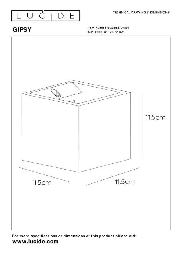 Schéma de dimensions du luminaire cubique blanc, 11,5 cm de côté.