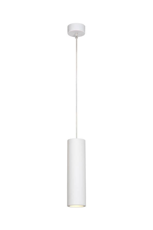 Suspension blanche suspendue, abat-jour cylindrique en plâtre, câble fin et rosace.