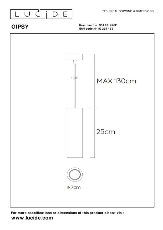 Schéma technique coté de la suspension Gipsy avec hauteur maximale et diamètre.