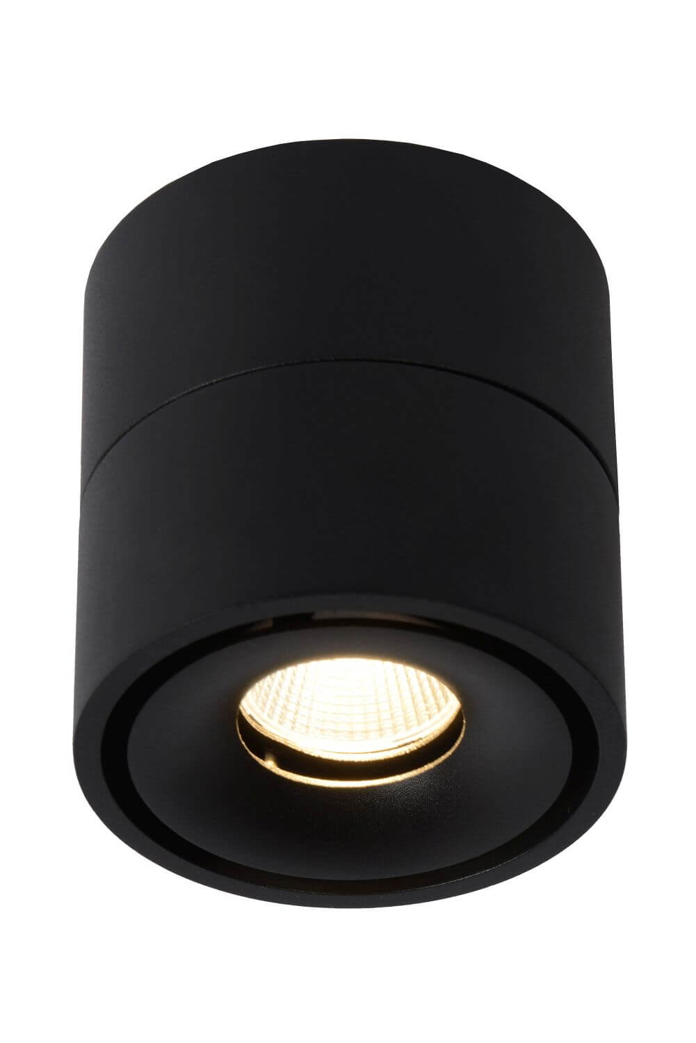 Vue de dessous du spot cylindrique noir, LED allumée et diffuseur strié