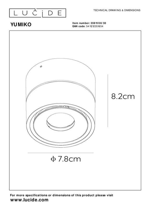 Schéma technique du luminaire avec hauteur 8,2 cm et diamètre 7,8 cm