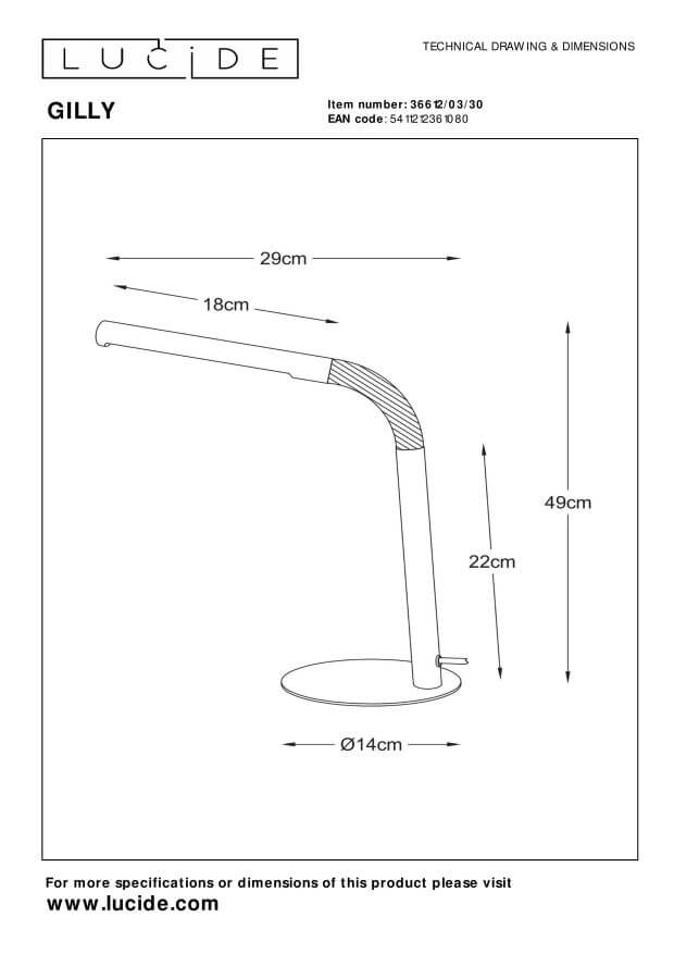 Schéma technique coté de la lampe avec dimensions et repères