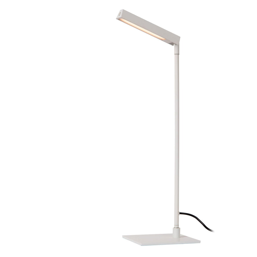 Lampe blanche redressée, tige verticale et tête LED inclinée vers le bas