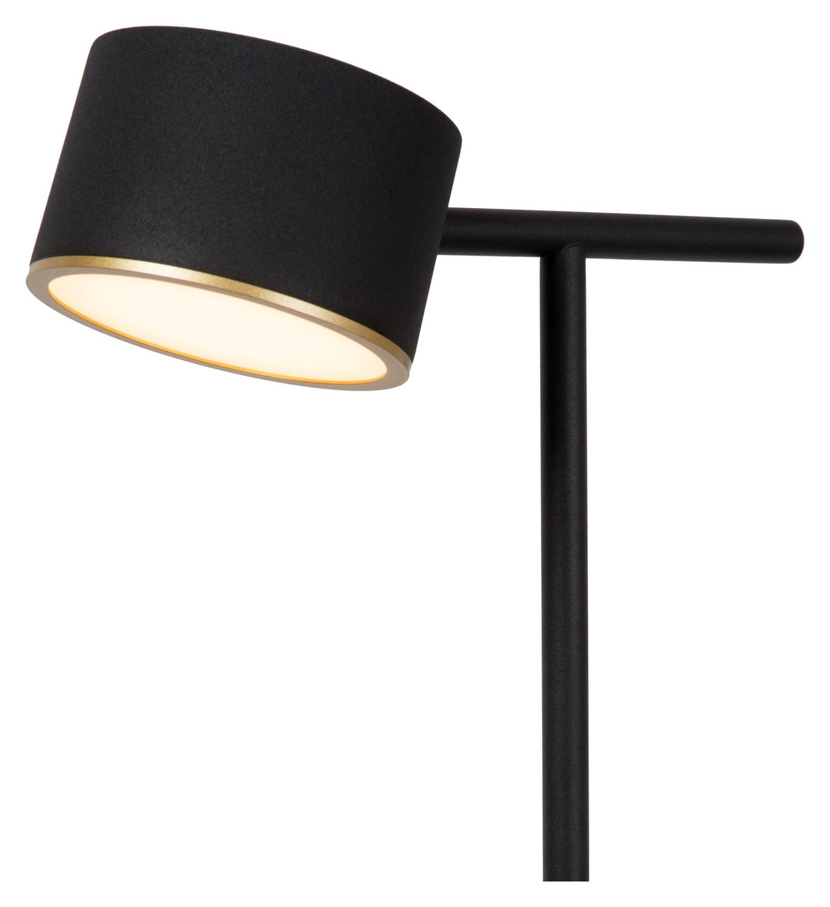 Gros plan sur la tête noire du lampadaire et son intérieur doré allumé